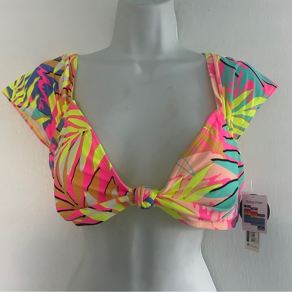 NWT No Boundaries Women Tropical Print Swimsuit Bikini Top L Acid Pink Yellow* - Picture 3 of 6